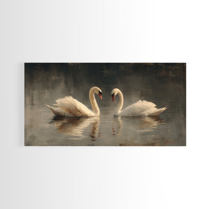 Romantic Swan Pair on Dark Water Framed Canvas Print, Master Bedroom, Bedroom, Bedroom Decor, Watercolor Art, Sanctuary, MAS-2x1-59