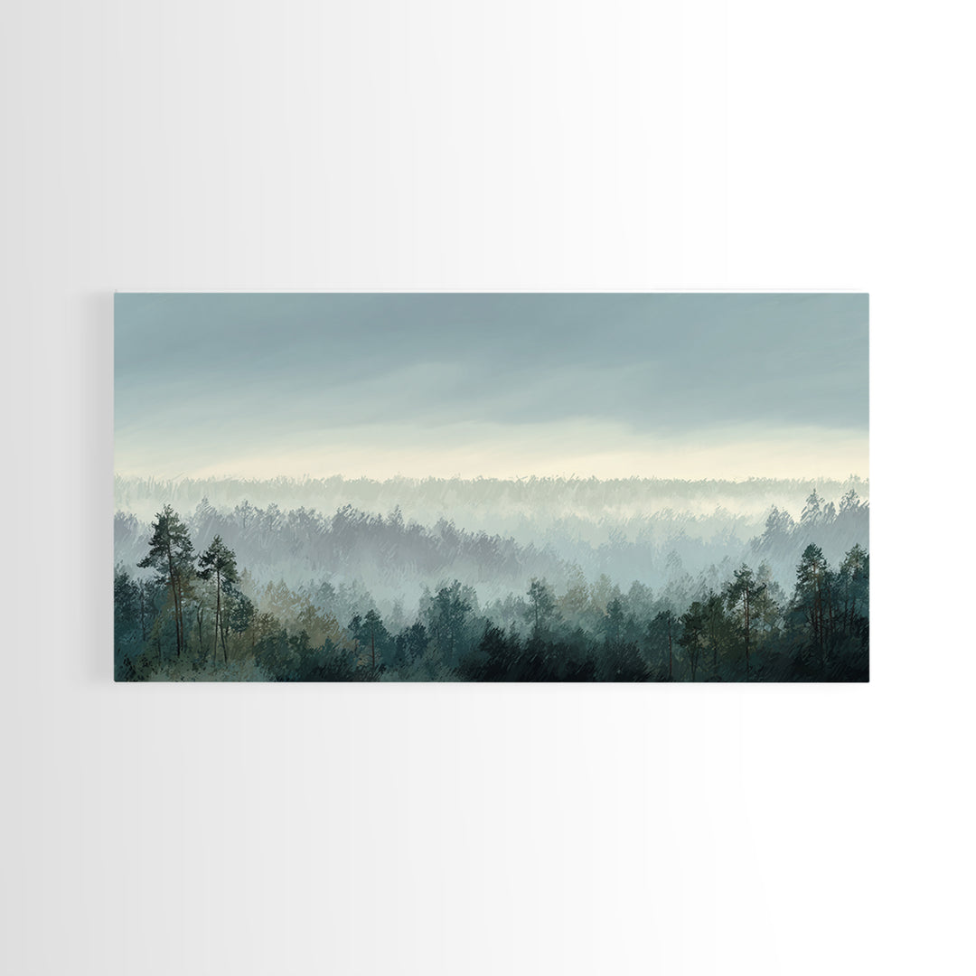Calm Misty Forest Panorama Framed Canvas Print, Master Bedroom, Wall Decor Bedroom, Bedroom Decor, Fine Art, Sanctuary, MAS-2x1-96