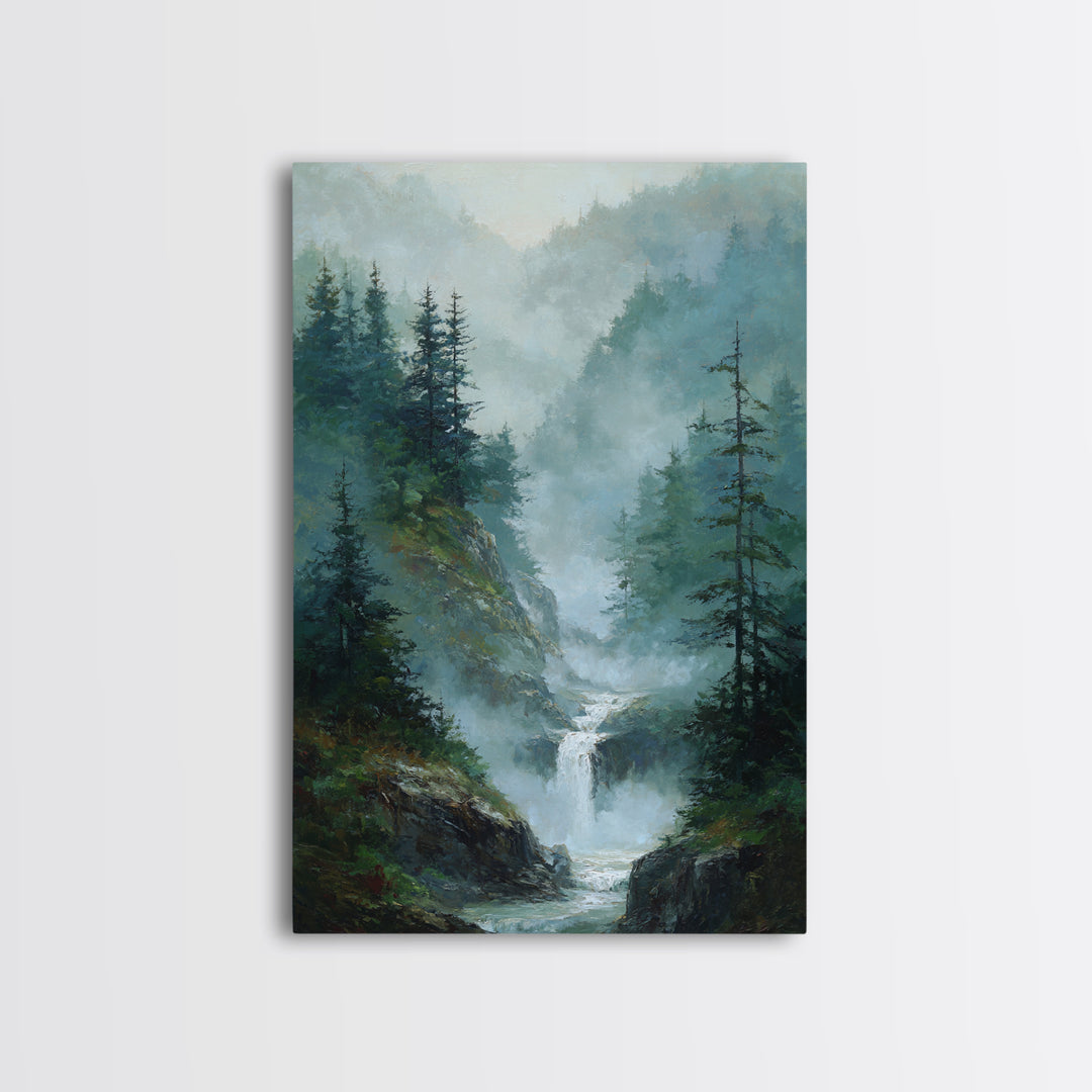 Peaceful Waterfall in Misty Green Forest Framed Canvas Print, Master Bedroom, Room Decor, Bedroom Decor, Fine Art, Sanctuary, MAS-2x3-3