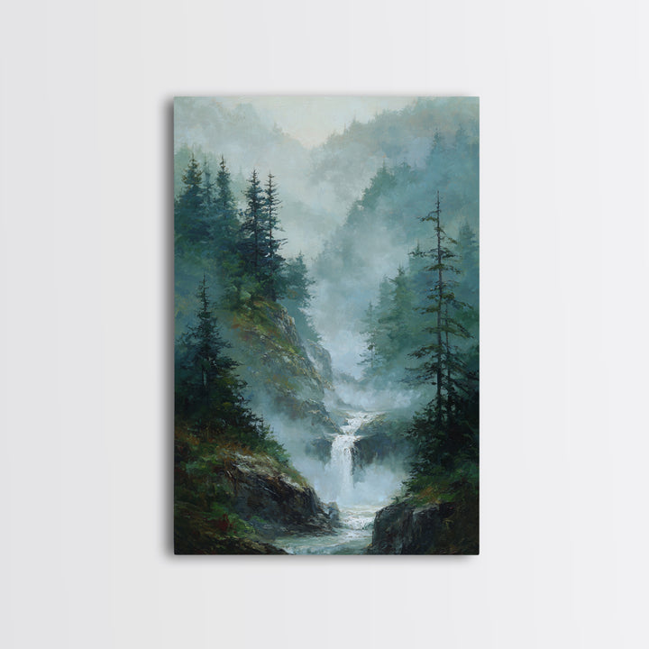 Peaceful Waterfall in Misty Green Forest Framed Canvas Print, Master Bedroom, Room Decor, Bedroom Decor, Fine Art, Sanctuary, MAS-2x3-3