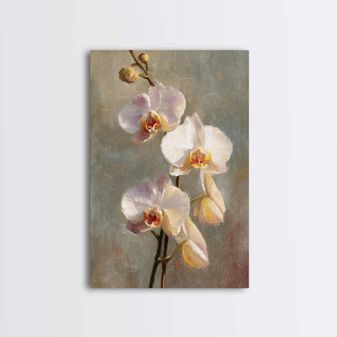 White Orchids Against Warm Gray Background Framed Canvas Print, Master Bedroom, Canvas Print, Bedroom Decor, Abstract Art, MAS-2x3-41