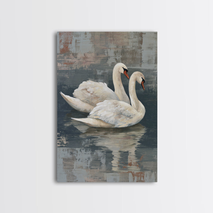 Romantic Swan Pair on Dark Water Framed Canvas Print, Master Bedroom, Canvas Print, Bedroom Decor, Abstract Art, Sanctuary, MAS-2x3-47
