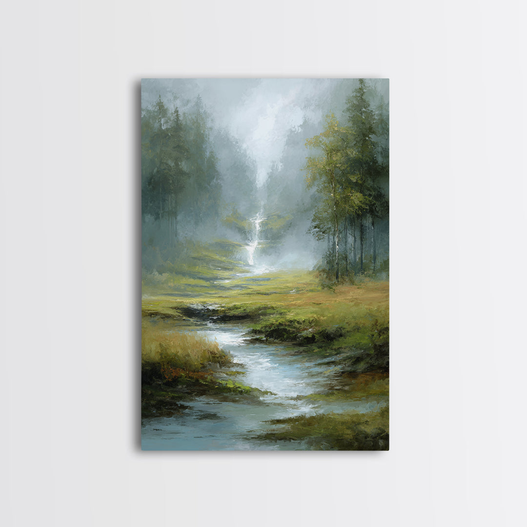 Peaceful Waterfall in Misty Green Forest Framed Canvas Print, Master Bedroom, Wedding Decor, Bedroom Decor, Fine Art, Sanctuary, MAS-2x3-51