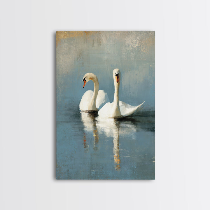 Romantic Swan Pair on Dark Water Canvas Print, Master Bedroom, Farmhouse Wall Art, Bedroom Decor, Fine Art, Sanctuary, MAS-2x3-71