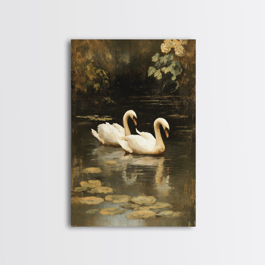 Romantic Swan Pair on Dark Water Canvas Print, Master Bedroom, Over Bed Wall Art, Bedroom Decor, Oil Painting, Sanctuary, MAS-2x3-95
