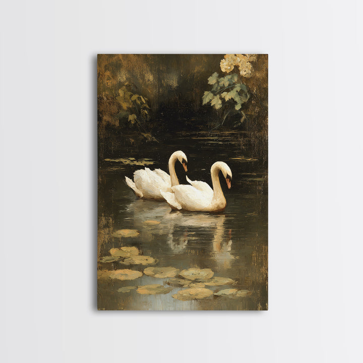 Romantic Swan Pair on Dark Water Canvas Print, Master Bedroom, Over Bed Wall Art, Bedroom Decor, Oil Painting, Sanctuary, MAS-2x3-95