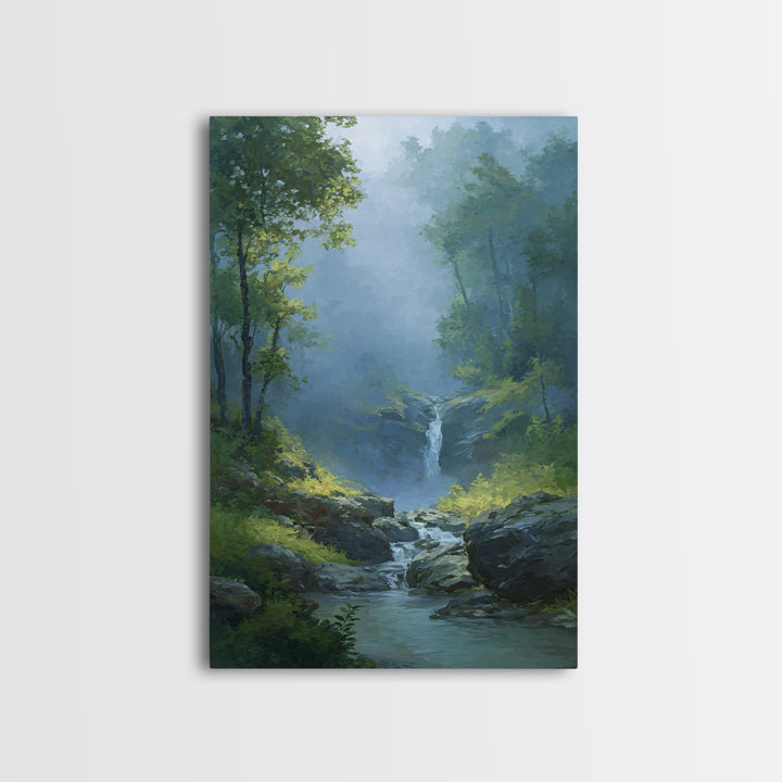 Peaceful Waterfall in Misty Green Forest Canvas Print, Master Bedroom, Above Bed Wall Art, Bedroom Decor, Fine Art, Sanctuary, MAS-2x3-99