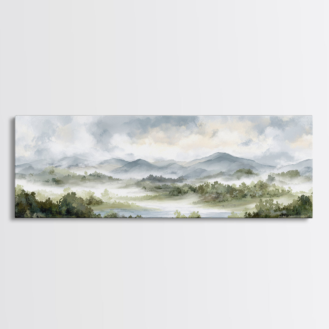 Calm Misty Forest Panorama Canvas Print, Master Bedroom, Above Bed Wall Decor, Bedroom Decor, Oil Painting, Sanctuary, MAS-3x1-20