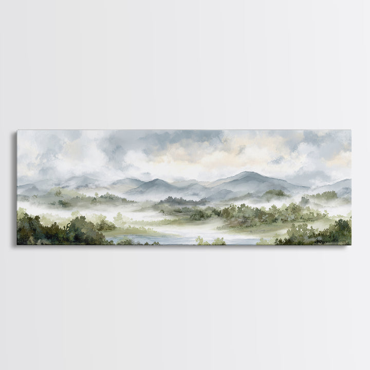 Calm Misty Forest Panorama Canvas Print, Master Bedroom, Above Bed Wall Decor, Bedroom Decor, Oil Painting, Sanctuary, MAS-3x1-20