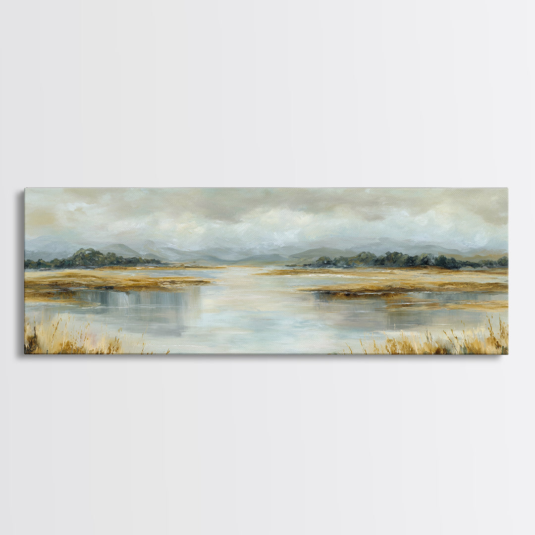 Serene Lake with Pale Morning Reflection Framed Canvas Print, Master Bedroom, Room Decor, Bedroom Decor, Fine Art, Sanctuary, MAS-3x1-23