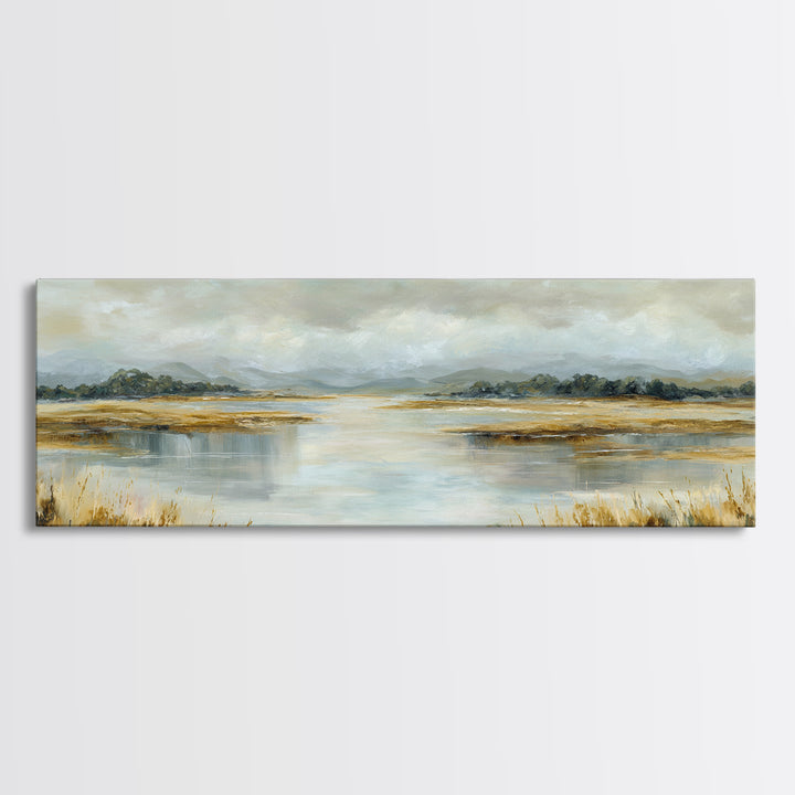 Serene Lake with Pale Morning Reflection Framed Canvas Print, Master Bedroom, Room Decor, Bedroom Decor, Fine Art, Sanctuary, MAS-3x1-23