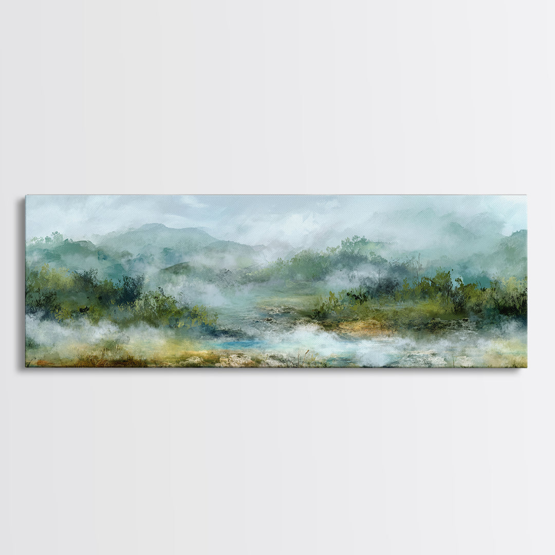 Peaceful Waterfall in Misty Green Forest Canvas Print, Master Bedroom, Minimalist Decor, Bedroom Decor, Oil Painting, Sanctuary, MAS-3x1-35