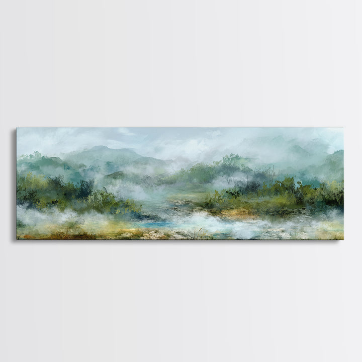 Peaceful Waterfall in Misty Green Forest Canvas Print, Master Bedroom, Minimalist Decor, Bedroom Decor, Oil Painting, Sanctuary, MAS-3x1-35