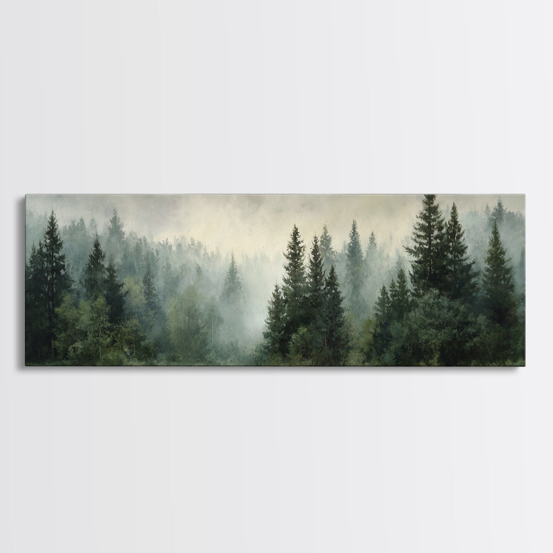 Calm Misty Forest Panorama Framed Canvas Print, Master Bedroom, Modern Decor, Bedroom Decor, Fine Art, Sanctuary, Wall Decor, MAS-3x1-44
