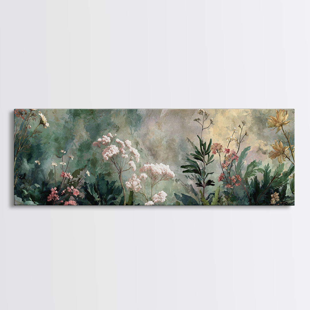 Dreamy Celestial Moon and Botanical Composition Framed Canvas Print, Master Bedroom, Bedroom Decor, Oil Painting, Sanctuary, MAS-3x1-51