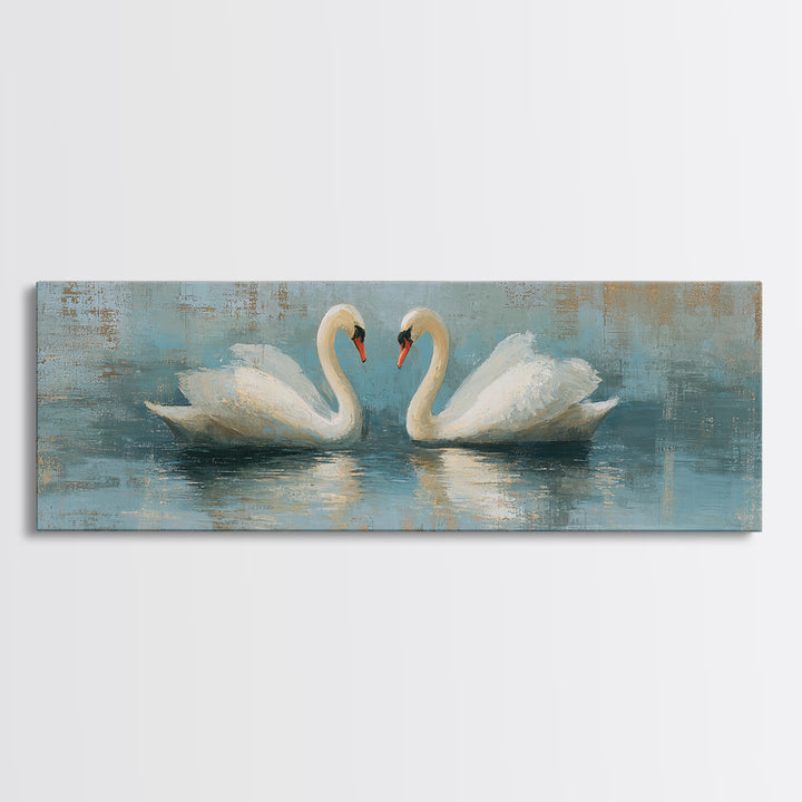 Romantic Swan Pair on Dark Water Framed Canvas Print, Master Bedroom, Art Print, Bedroom Decor, Sanctuary, Above Bed Decor, MAS-3x1-55