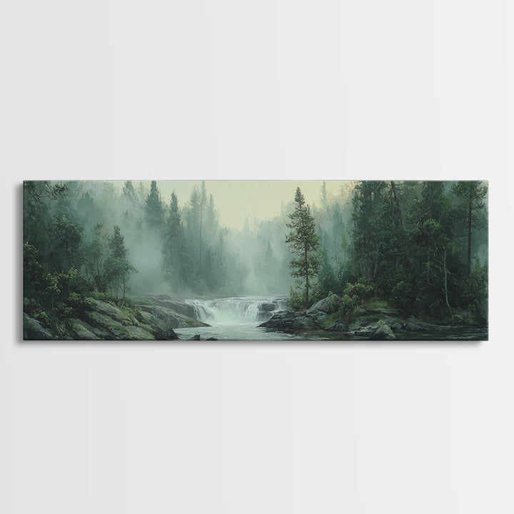 Peaceful Waterfall in Misty Green Forest Framed Canvas Print, Master Bedroom, Printable Wall Art, Bedroom Decor, Sanctuary, MAS-3x1-59