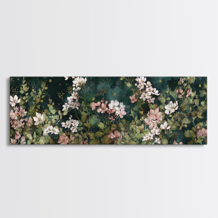 Night Garden with Pale Flowers and Stars Framed Canvas Print, Master Bedroom, Bedroom Decor, Watercolor Art, Sanctuary, MAS-3x1-63