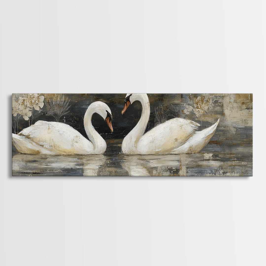 Romantic Swan Pair on Dark Water Framed Canvas Print, Master Bedroom, Statement Artwork, Bedroom Decor, Fine Art, Sanctuary, MAS-3x1-7