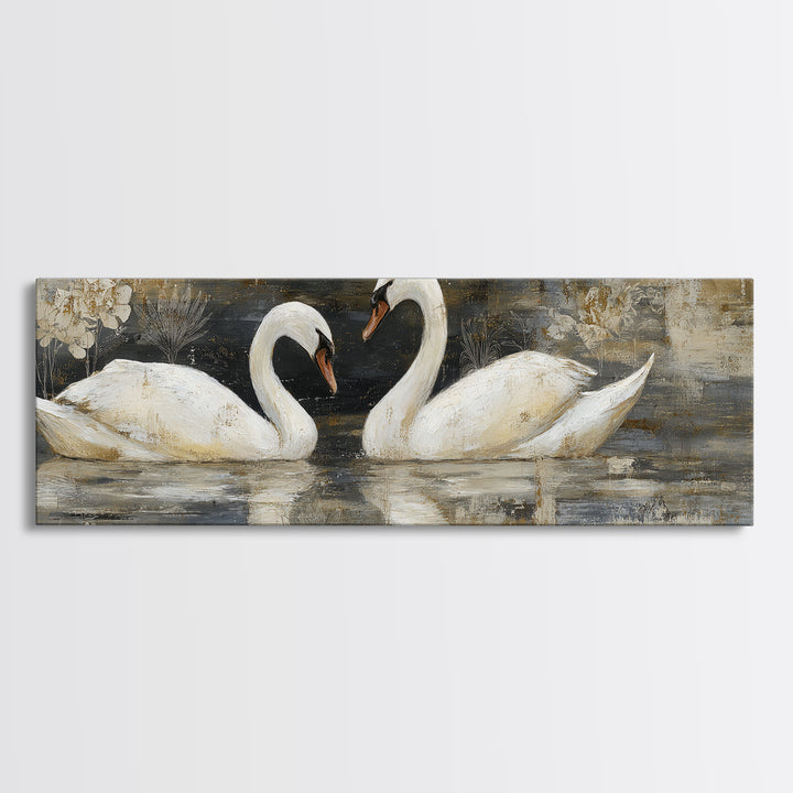 Romantic Swan Pair on Dark Water Framed Canvas Print, Master Bedroom, Statement Artwork, Bedroom Decor, Fine Art, Sanctuary, MAS-3x1-7
