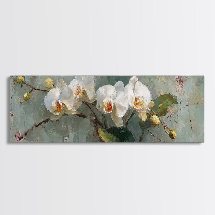 White Orchids Against Warm Gray Background Framed Canvas Print, Master Bedroom, Neutral Decor, Bedroom Decor, Sanctuary, MAS-3x1-73