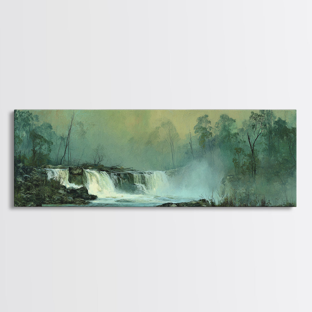 Peaceful Waterfall in Misty Green Forest Canvas Print, Master Bedroom, Printable Art, Bedroom Decor, Fine Art, Sanctuary, MAS-3x1-83