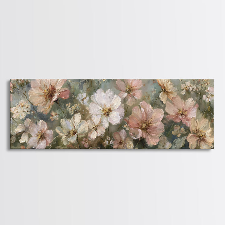 Night Garden with Pale Flowers and Stars Framed Canvas Print, Master Bedroom, Farmhouse Decor, Bedroom Decor, Sanctuary, MAS-3x1-87