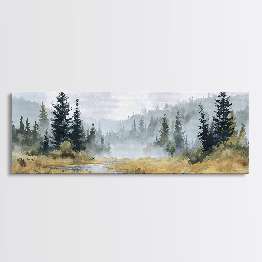 Calm Misty Forest Panorama Canvas Print, Master Bedroom, Wedding Decor, Bedroom Decor, Fine Art, Sanctuary, Rustic Home Decor, MAS-3x1-92
