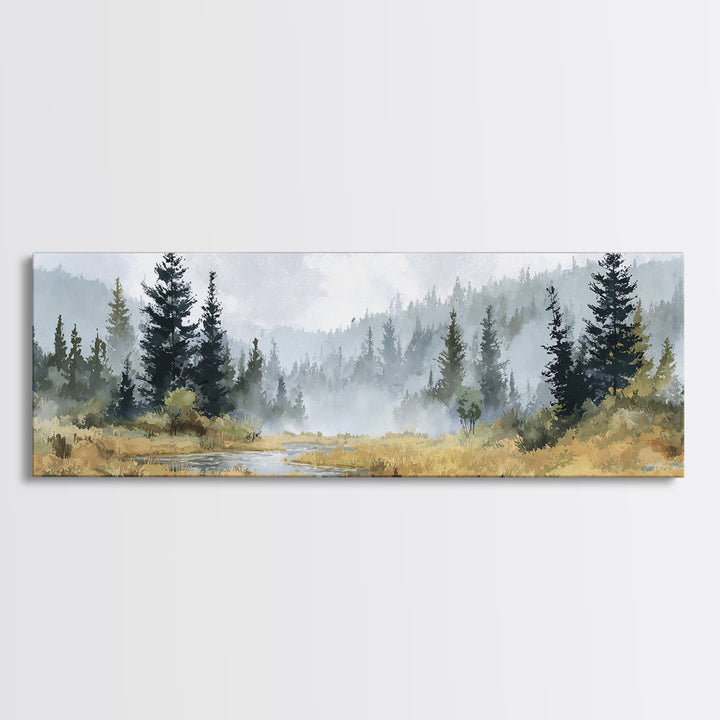 Calm Misty Forest Panorama Canvas Print, Master Bedroom, Wedding Decor, Bedroom Decor, Fine Art, Sanctuary, Rustic Home Decor, MAS-3x1-92