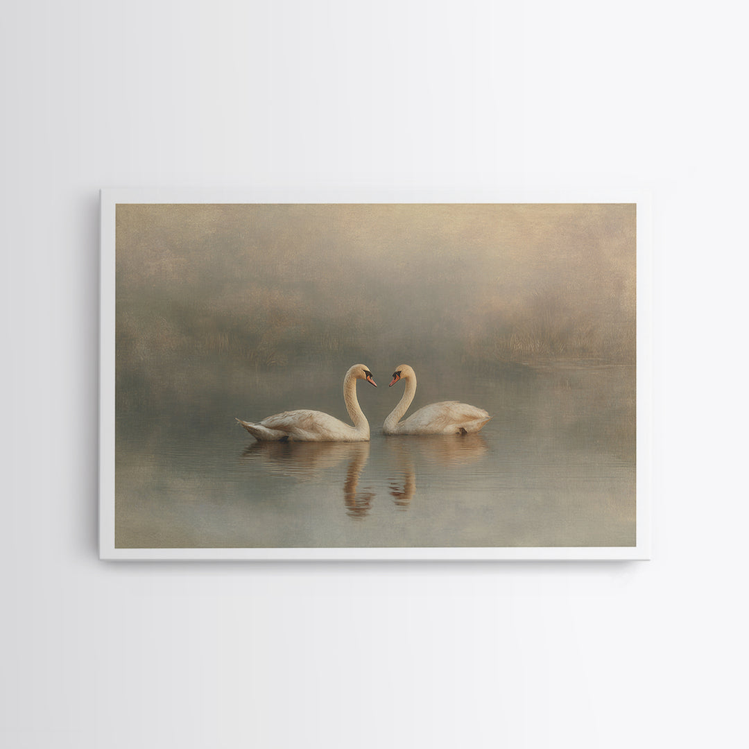 Romantic Swan Pair on Dark Water Framed Canvas Print, Master Bedroom, Statement Artwork, Bedroom Decor, Fine Art, Sanctuary, MAS-3x2-19