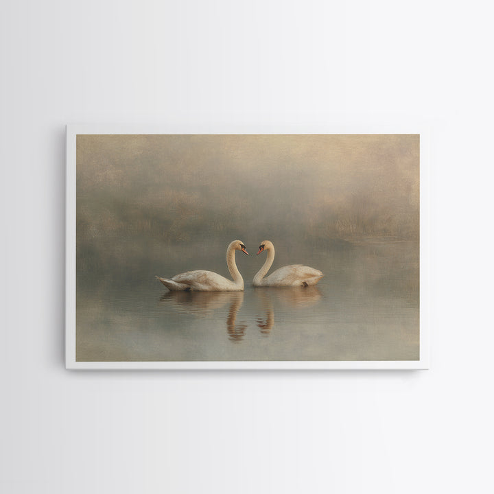 Romantic Swan Pair on Dark Water Framed Canvas Print, Master Bedroom, Statement Artwork, Bedroom Decor, Fine Art, Sanctuary, MAS-3x2-19