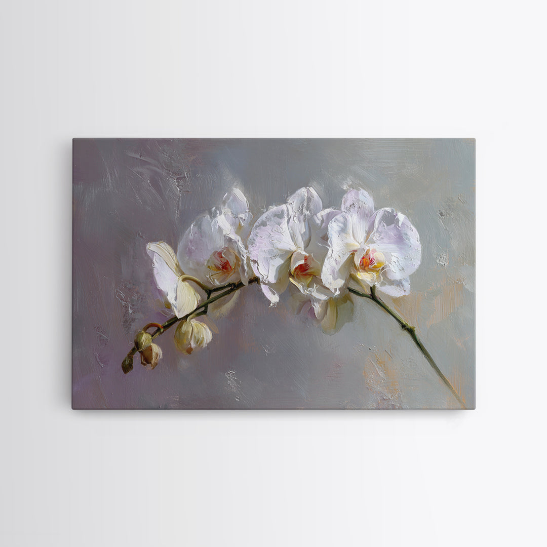 White Orchids Against Warm Gray Background Canvas Print, Master Bedroom, Over Bed Wall Art, Bedroom Decor, Oil Painting, MAS-3x2-37