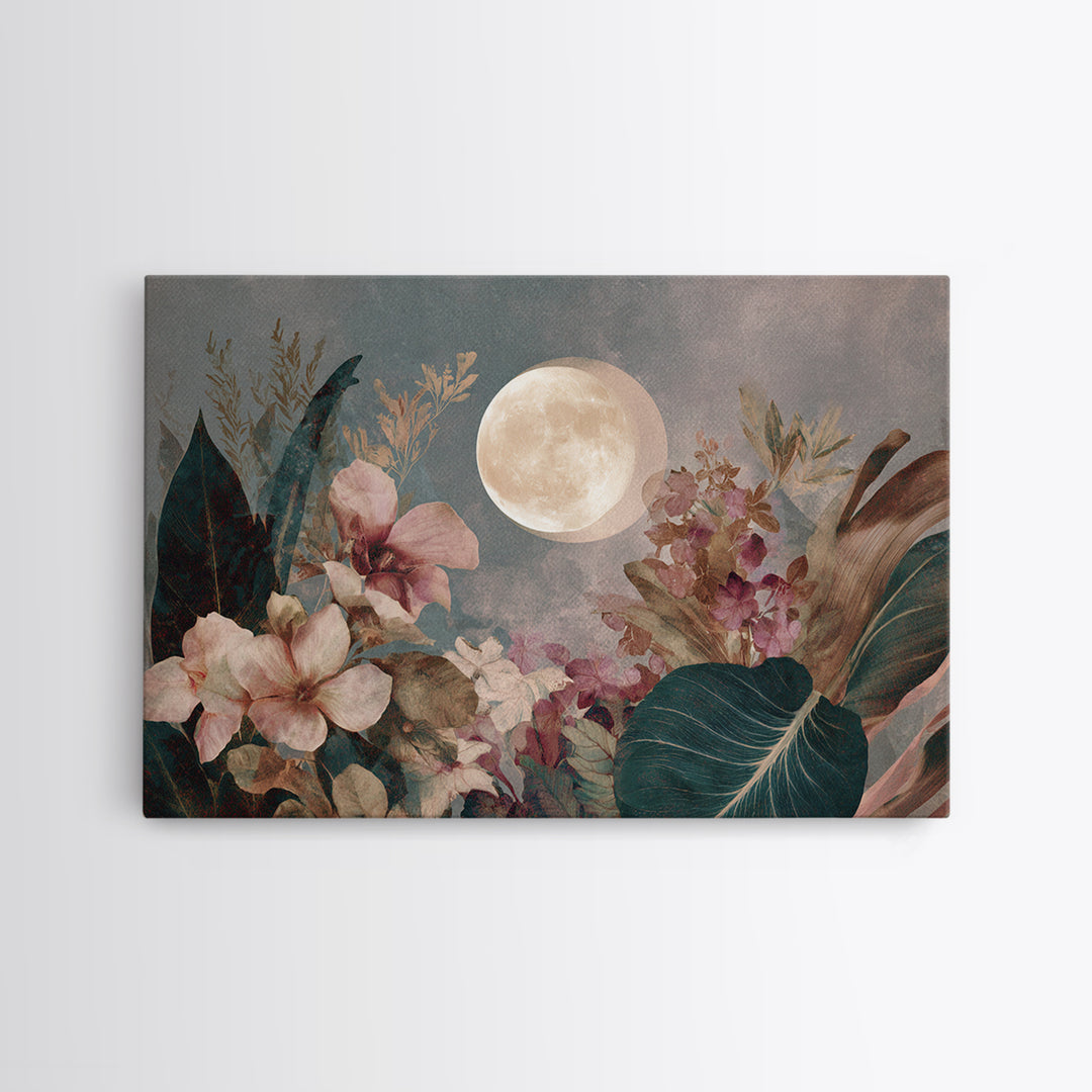 Dreamy Celestial Moon and Botanical Composition Canvas Print, Master Bedroom, Contemporary Art, Bedroom Decor, Sanctuary, MAS-3x2-39