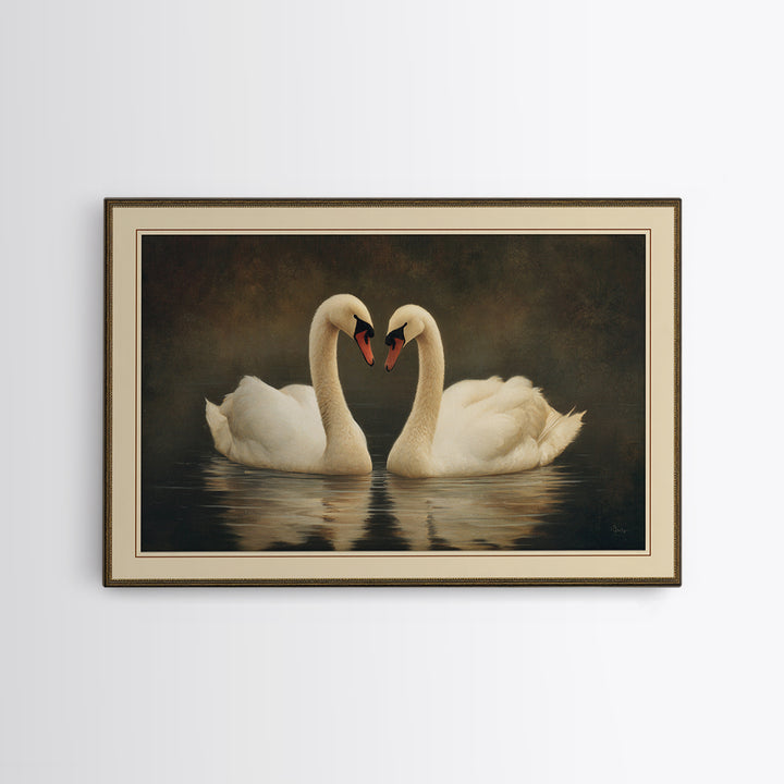 Romantic Swan Pair on Dark Water Canvas Print, Master Bedroom, Wall Decal, Bedroom Decor, Watercolor Art, Sanctuary, MAS-3x2-67