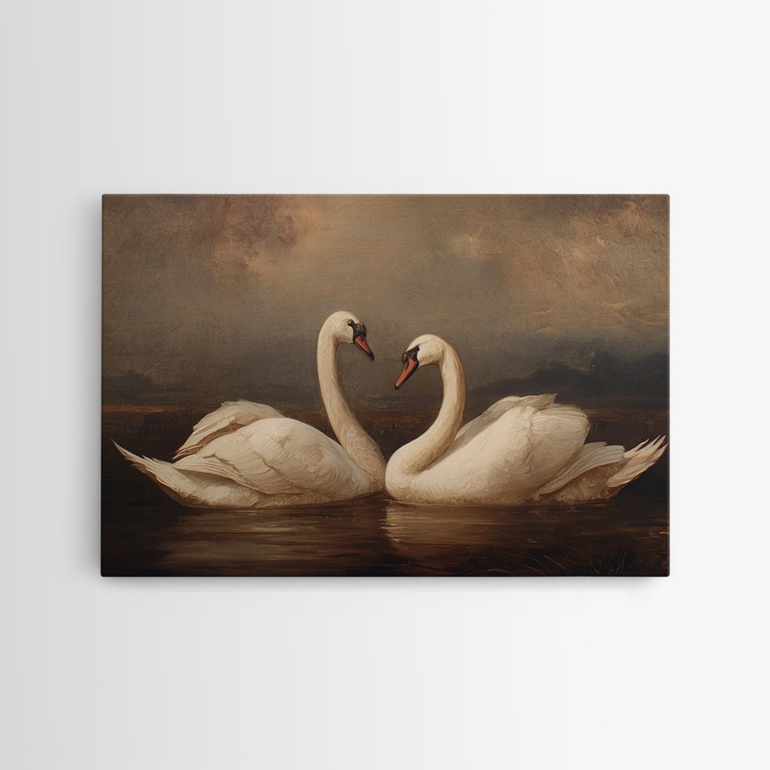 Romantic Swan Pair on Dark Water Framed Canvas Print, Master Bedroom, Farmhouse Wall Decor, Bedroom Decor, Oil Painting, MAS-3x2-91