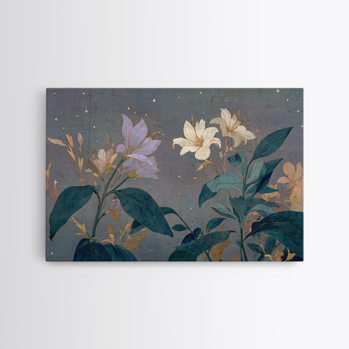 Night Garden with Pale Flowers and Stars Framed Canvas Print, Master Bedroom, Farmhouse Decor, Bedroom Decor, Sanctuary, MAS-3x2-99