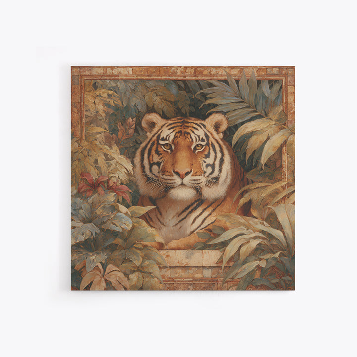 Bold Patterned Tiger Surrounded by Tropical Leaves Canvas Print, Maximalist Art, Moody Wall Art, Living Room Decor, Maximal, MAX-1x1-26
