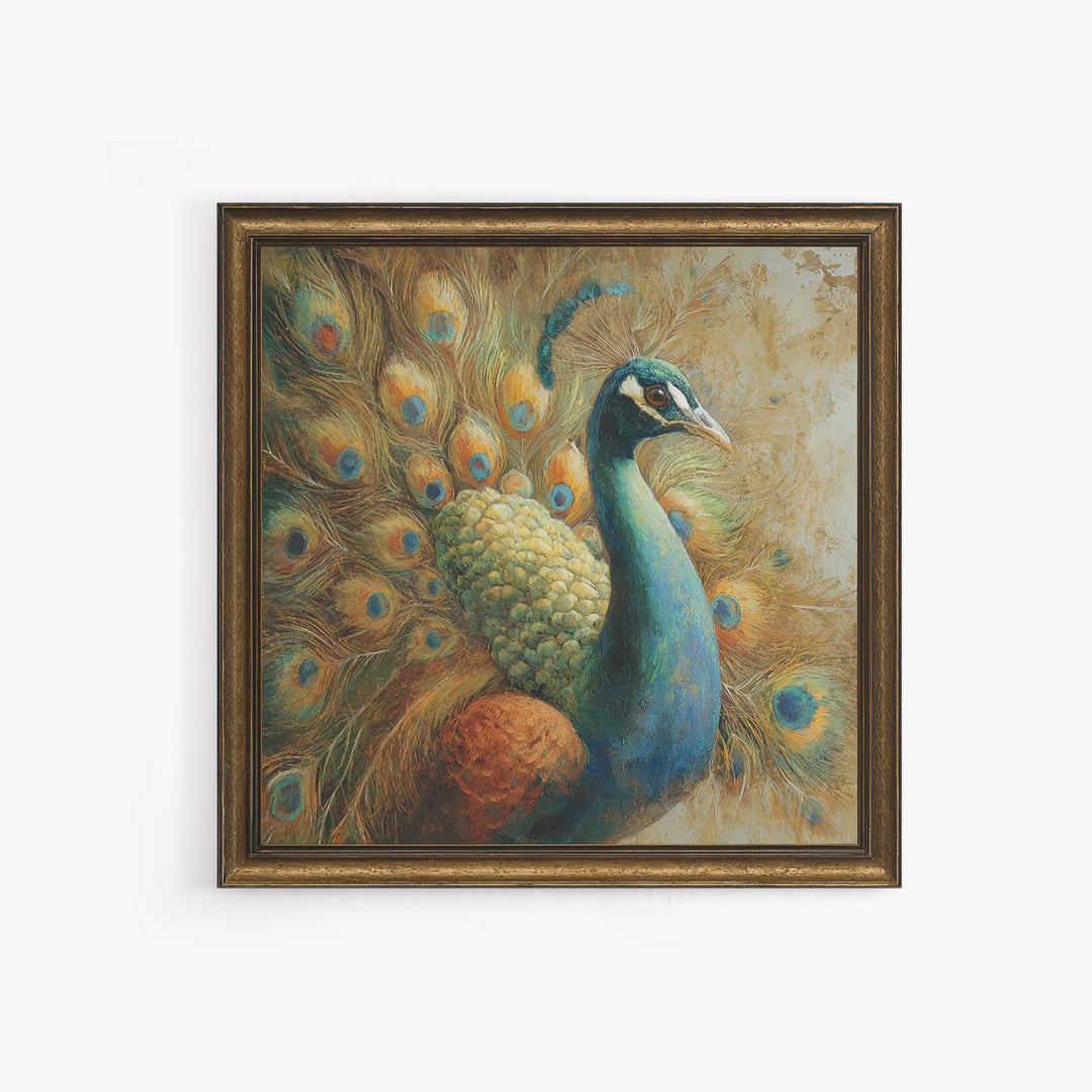 Dramatic Peacock with Oversized Feather Pattern Framed Canvas Print, Maximalist Art, Gallery Decor, Living Room Decor, Maximal, MAX-1x1-32