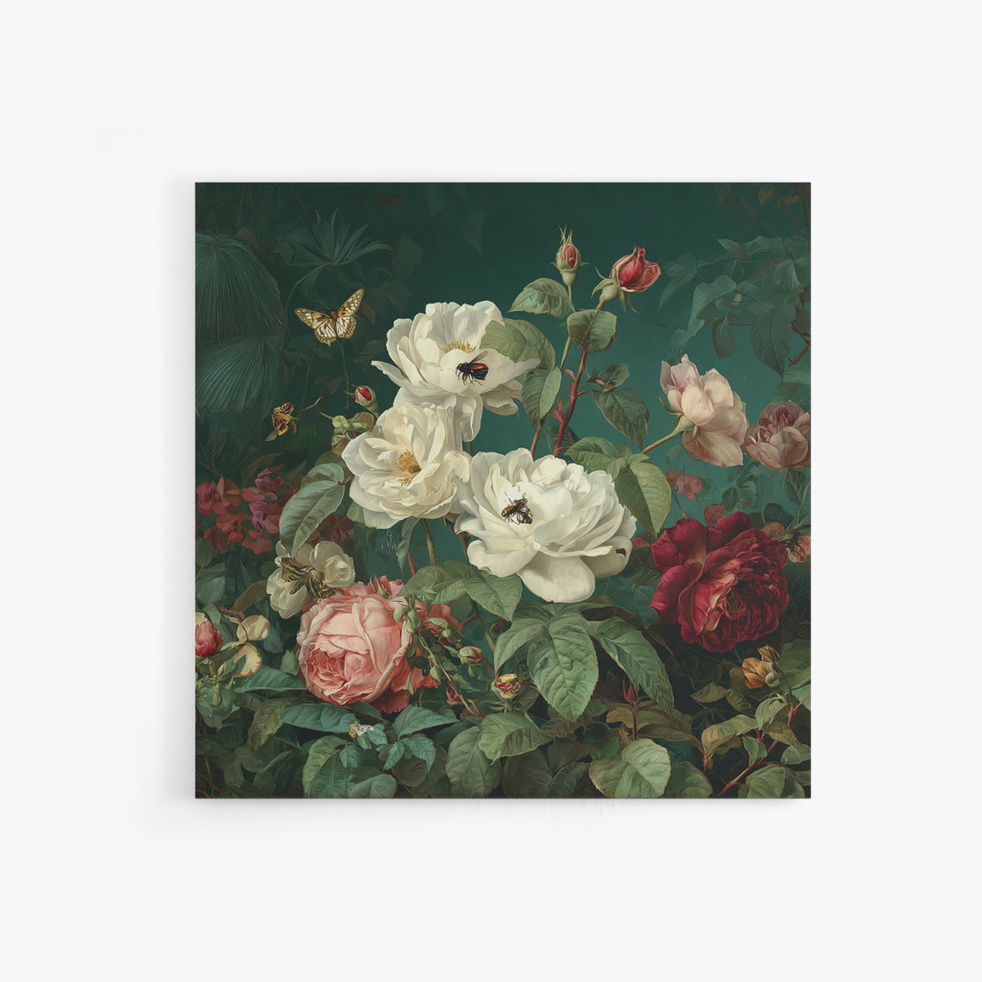 Lush Garden Wall of Roses Palms and Framed Canvas Print, Maximalist Art, Gallery Decor, Living Room Decor, Fine Art, Maximal, MAX-1x1-38