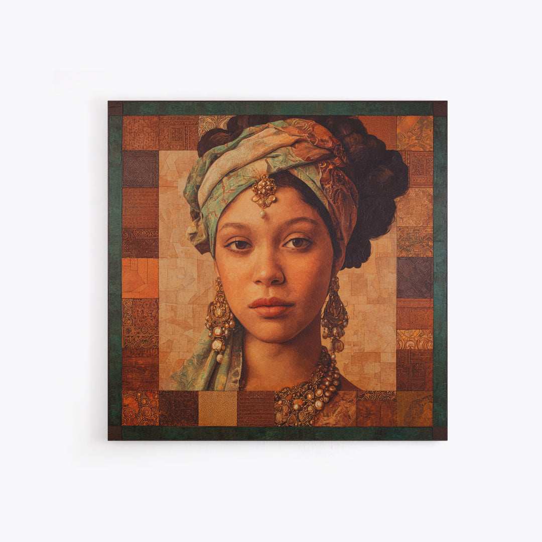 Ornate Portrait with Layered Textiles and Jewels Canvas Print, Maximalist Art, Retro Wall Art, Living Room Decor, Oil Painting, MAX-1x1-76