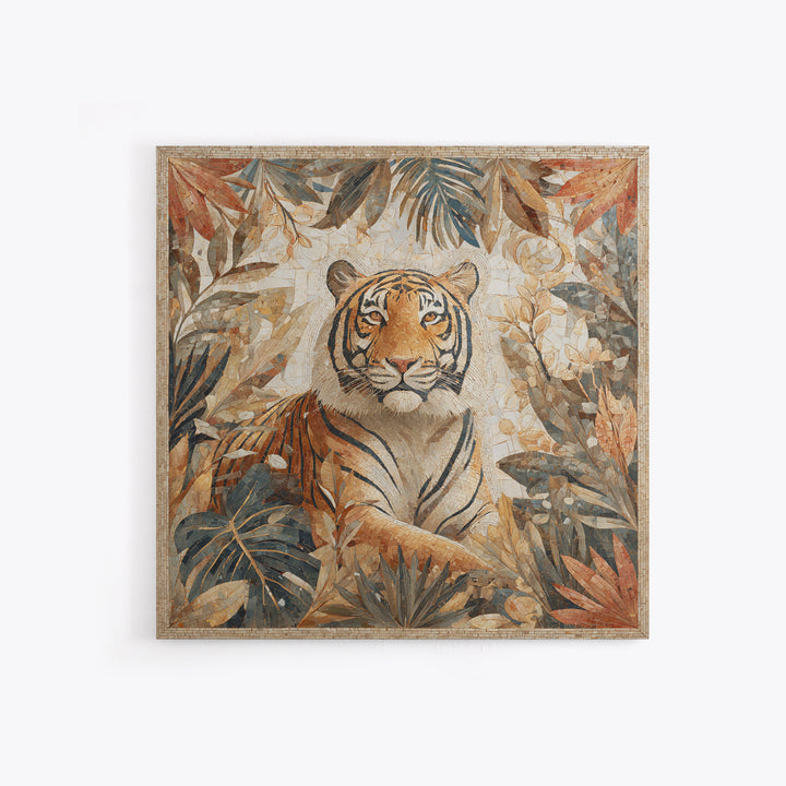 Bold Patterned Tiger Surrounded by Tropical Leaves Canvas Print, Maximalist Art, Textured Painting, Living Room Decor, Maximal, MAX-1x1-98