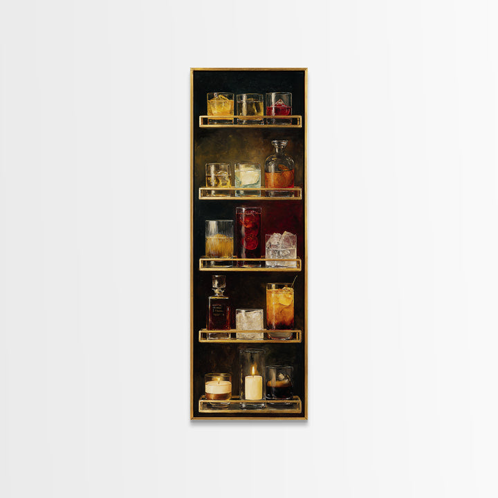 Retro Maximalist Cocktail Still Life Framed Canvas Print, Maximalist Art, Leopard Print, Living Room Decor, Oil Painting, MAX-1x3-54