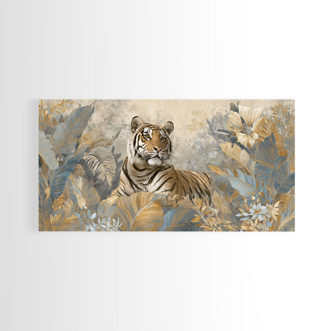 Bold Patterned Tiger Surrounded by Tropical Leaves Canvas Print, Maximalist Art, Textured Painting, Living Room Decor, Maximal, MAX-2x1-22