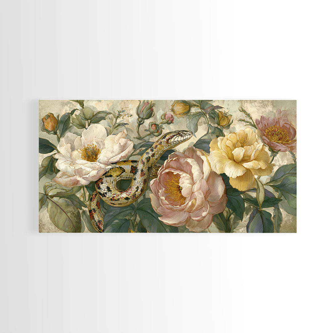 Highly Patterned Snake and Flower Composition Canvas Print, Maximalist Art, Living Room Decor, Maximal, Retro Wall Art, MAX-2x1-33