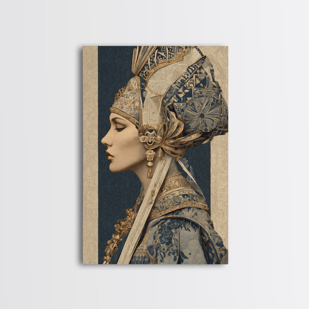 Ornate Portrait with Layered Textiles and Jewels Canvas Print, Maximalist Art, Printable Wall Art, Living Room Decor, Maximal, MAX-2x3-12