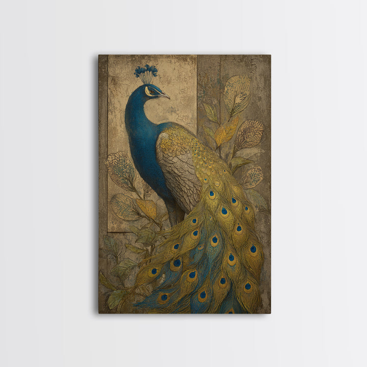 Dramatic Peacock with Oversized Feather Pattern Canvas Print, Maximalist Art, Gallery Decor, Living Room Decor, Maximal, MAX-2x3-16
