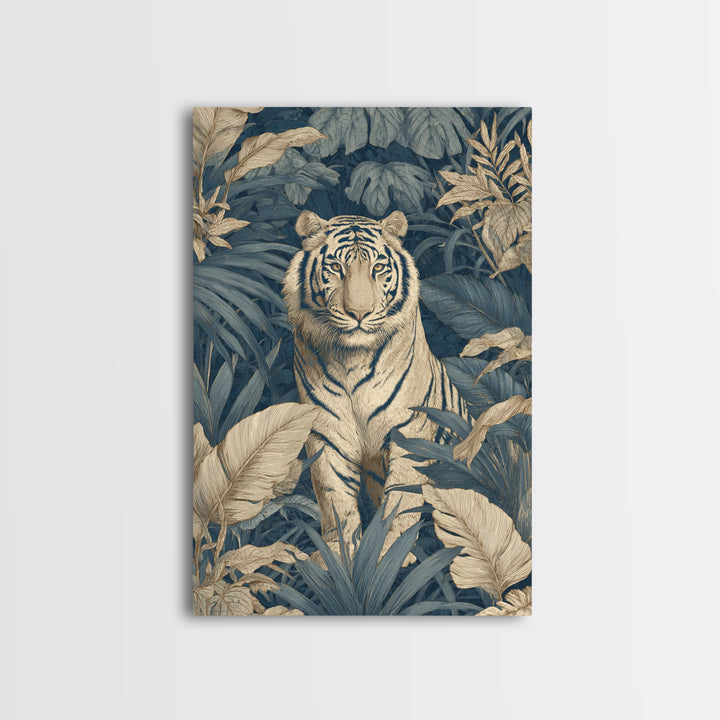 Bold Patterned Tiger Surrounded by Tropical Leaves Framed Canvas Print, Maximalist Art, Art Print, Living Room Decor, Maximal, MAX-2x3-34