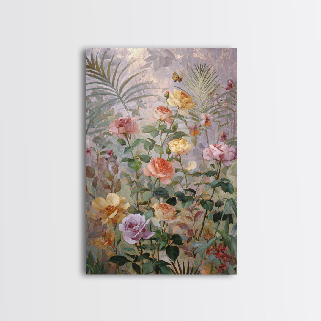 Lush Garden Wall of Roses Palms and Framed Canvas Print, Maximalist Art, Wall Decor, Living Room Decor, Fine Art, Maximal, MAX-2x3-46