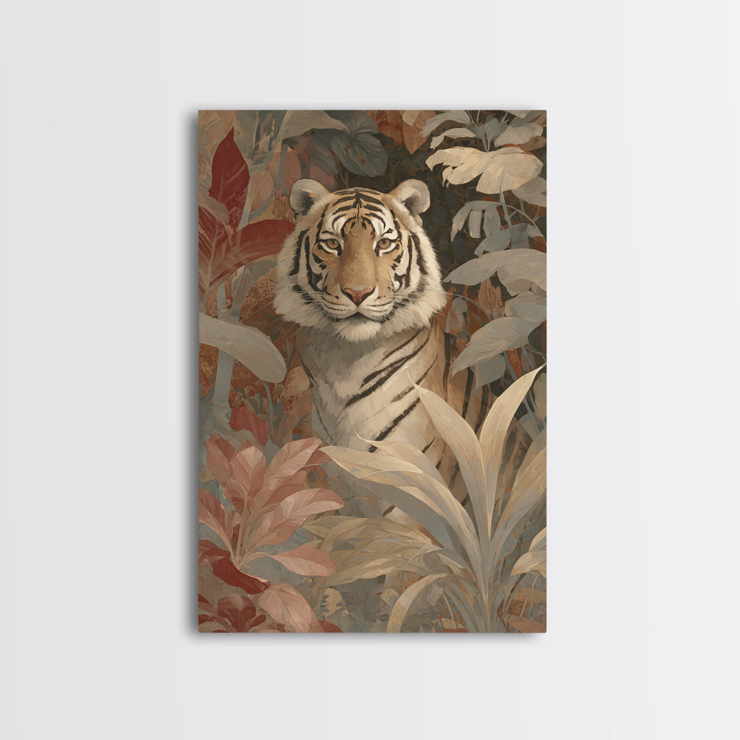 Bold Patterned Tiger Surrounded by Tropical Leaves Canvas Print, Maximalist Art, Art Nouveau, Living Room Decor, Maximal, MAX-2x3-58