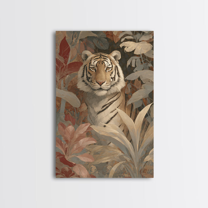 Bold Patterned Tiger Surrounded by Tropical Leaves Canvas Print, Maximalist Art, Art Nouveau, Living Room Decor, Maximal, MAX-2x3-58